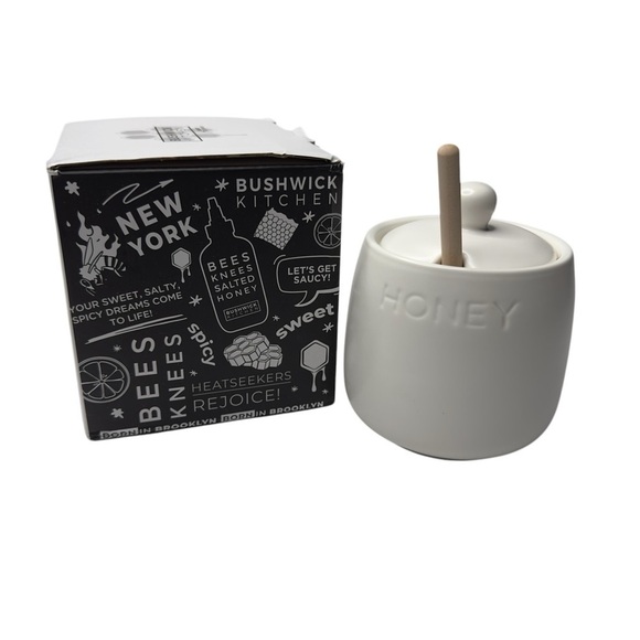 Bushwick Kitchen Honey Pot + Dipper Ceramic Jar & Lid with Wood Dipper 14oz NIB - Picture 1 of 7